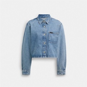 Coach Cropped Denim Button Down Blau | COH865988