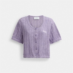 Coach Cropped Knit Button Up Top Lila | COH866007