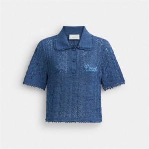 Coach Cropped Knit Polo Top Navy | COH866005