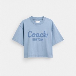 Coach Cursive Signature Cropped T Shirt Blau | COH865993