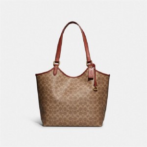 Coach Day Tote Bag In Signature Canvas Braun Rot | COH865090