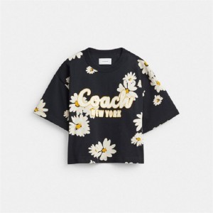 Coach Floral Cropped Signature Script T Shirt In Organic Cotton Schwarz | COH865998