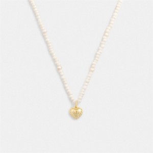 Coach Heart Pearl Necklace Gold | COH866209