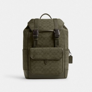 Coach League Flap Backpack In Signature Canvas Jacquard Grün | COH866517