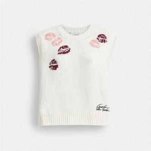 Coach Lip Print Sweater Vest Weiß Mehrfarbig | COH865957