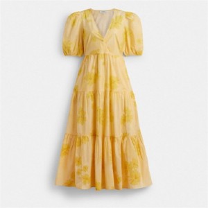 Coach Long Cotton Floral Dress Gelb | COH866067