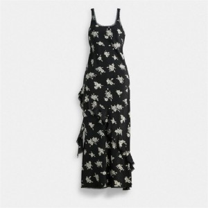 Coach Long Floral Ruffle Dress Schwarz Weiß Mehrfarbig | COH866064