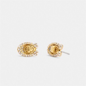 Coach Pavé Signature Turnlock Stud Earrings Gold | COH866219