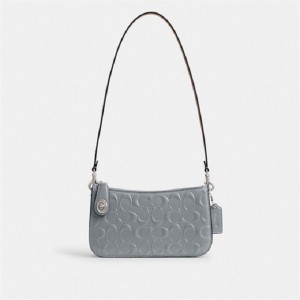 Coach Penn Shoulder Bag In Signature Leather Silber Grau Blau | COH864889