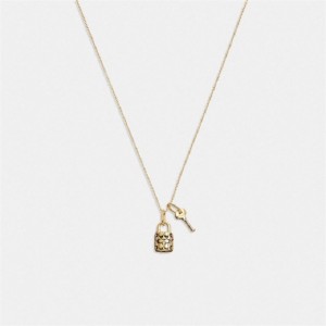 Coach Quilted Padlock Key Pendant Necklace Gold Schwarz | COH866100