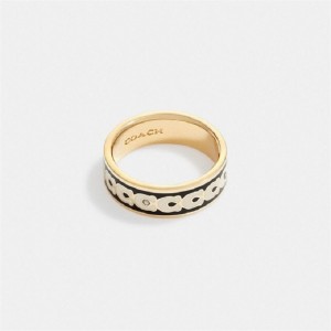 Coach Signature Enamel Ring Gold Schwarz | COH866083
