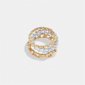 Coach Signature Mixed Chain Ring Set Gold Silber | COH866155