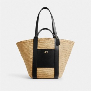Coach Straw Pocket Tote Beige | COH865056