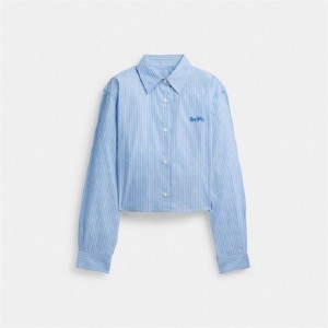 Coach Striped Cropped Button Up Shirt Blau Mehrfarbig | COH865981