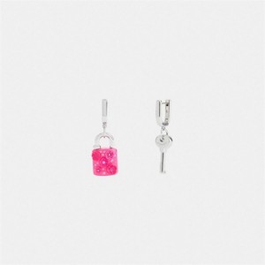 Coach Tea Rose Padlock And Key Mismatch Huggie Earrings Silber Rosa | COH866215