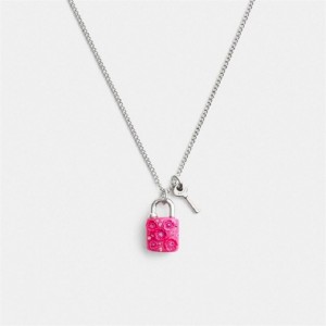 Coach Tea Rose Padlock And Key Pendant Necklace Silber Rosa | COH866212